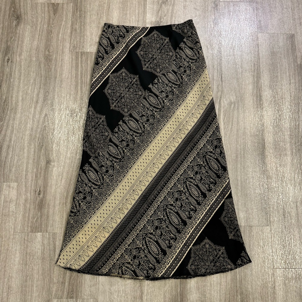 VTG Giorgio Fiorlini Maxi Skirt Women Size Medium Beige Black Tribal Geometric
